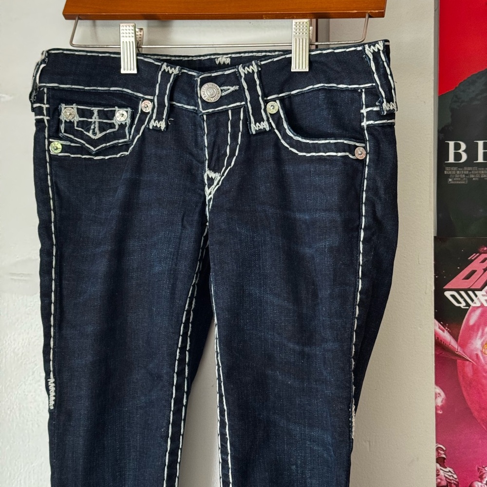 Ultra Low Rise True Religion Dark Blue Skinny Jeans with White Stitching